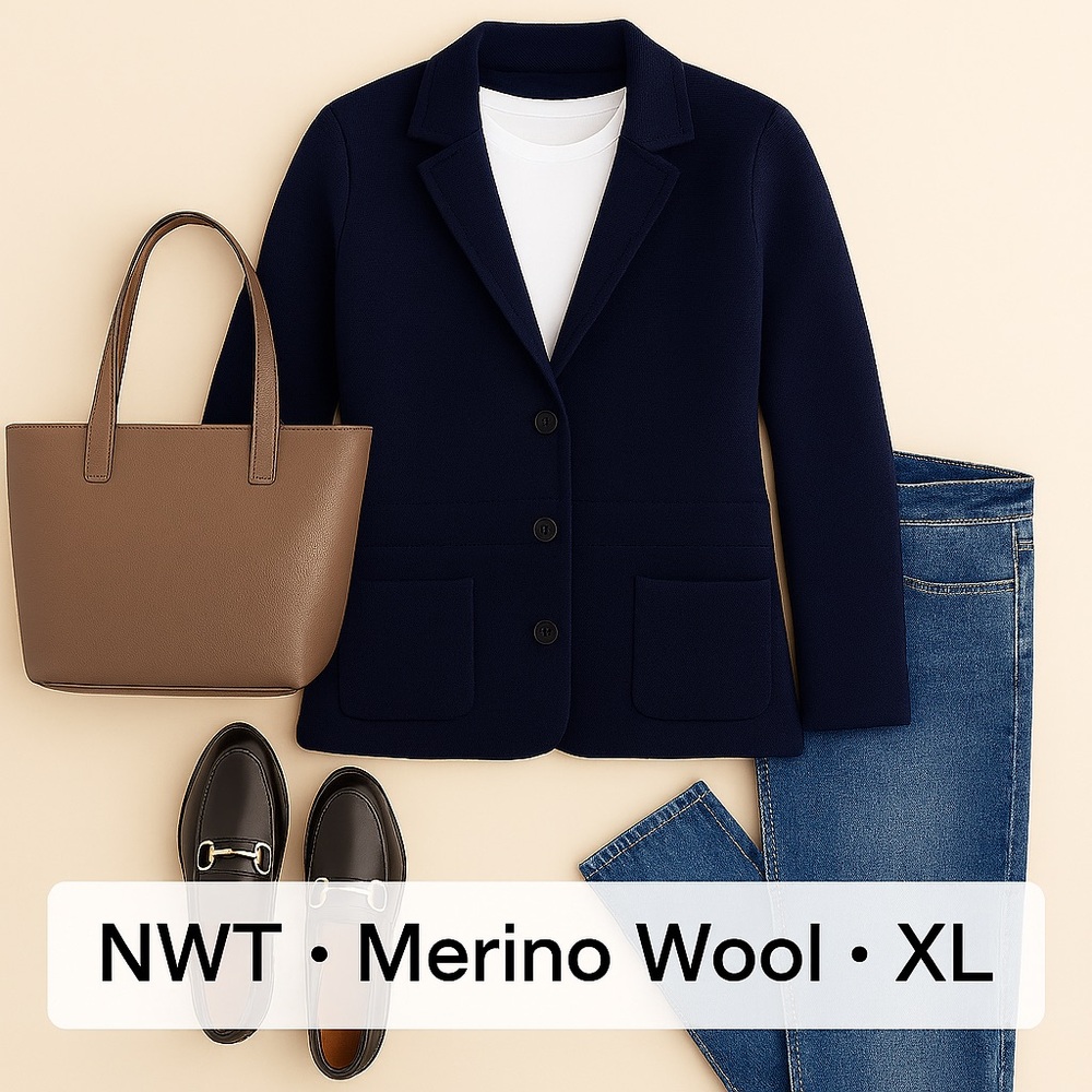 Talbots Pure Merino Wool Sweater Jacket Blazer – Indigo Blue – XL – NWT
